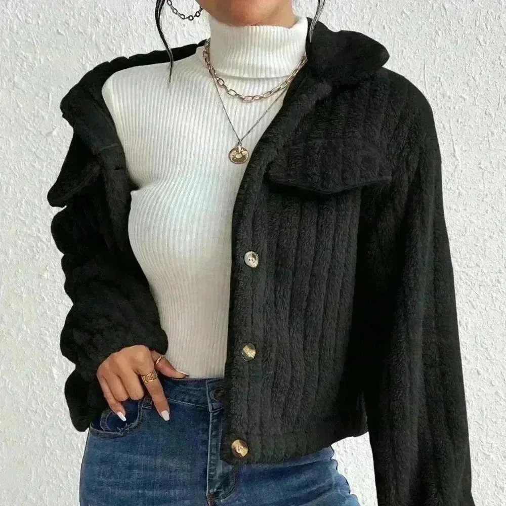 Black Casual Women's Flap Detail Button Front Flannel Jacket - Picture 4 of 6